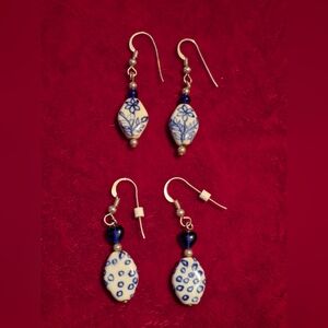 Artisan Blue and White Hand-paint porcelain drop earrings Sterling Silver
